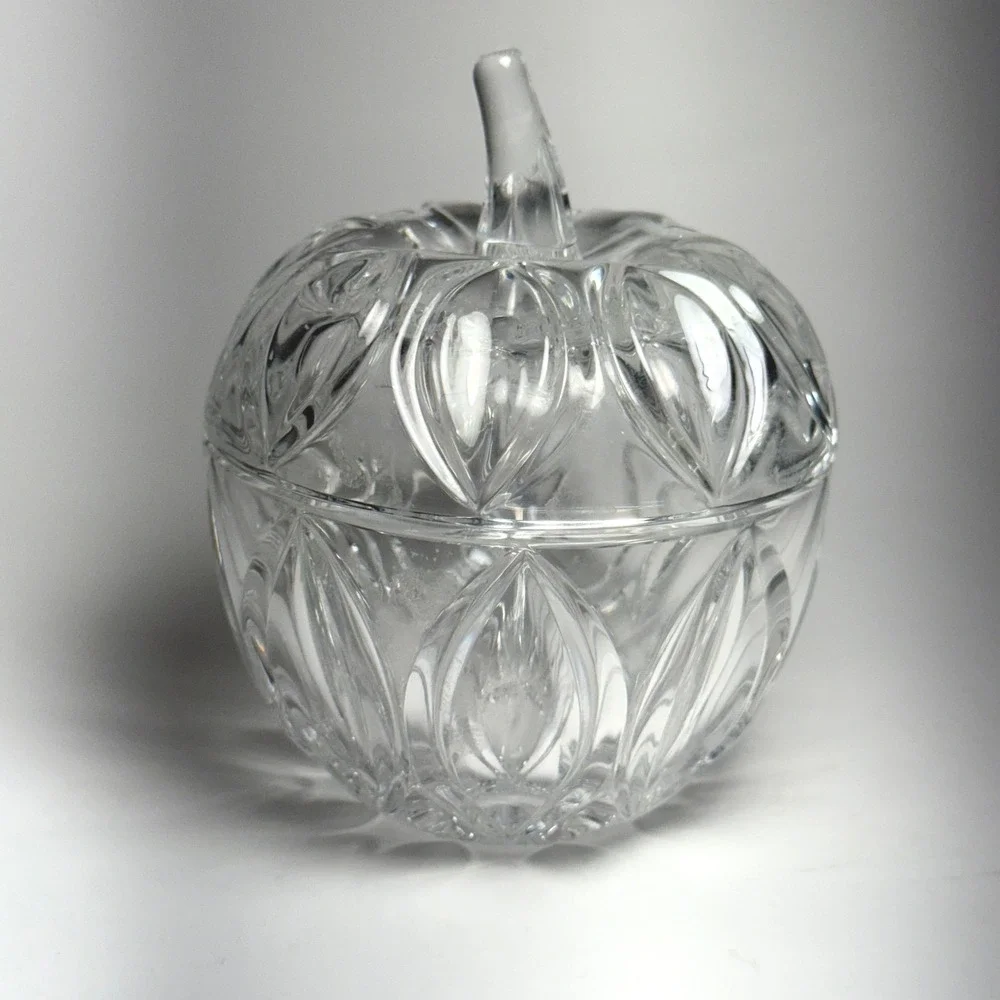 Clear Crystal Apple Candy Dish with Lid Vintage Decorative Tabletop‎ Accent